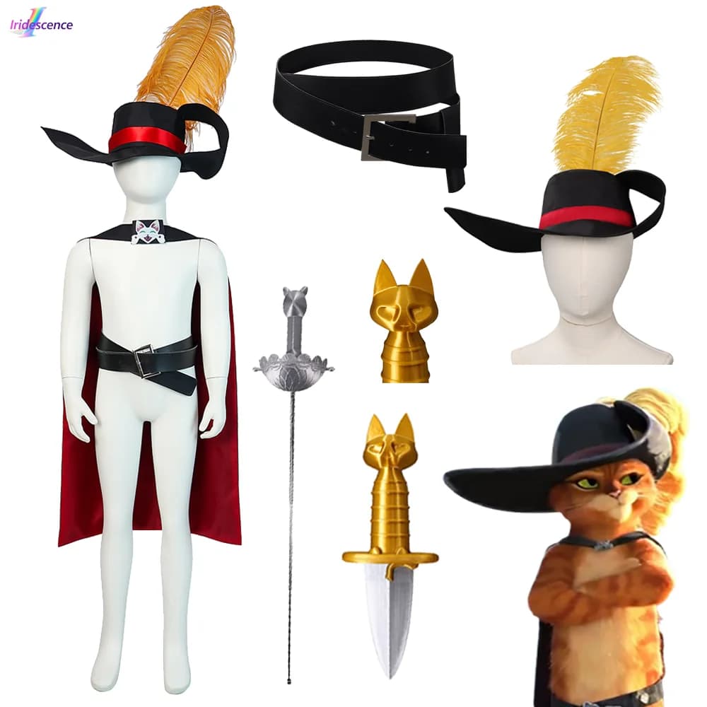 Gioco di ruolo del gatto in stivali Cappello del costume cosplay con cintura per spada di piume Copriscarpe Puntelli per feste di Halloween per bambini Accessori per giochi di ruolo