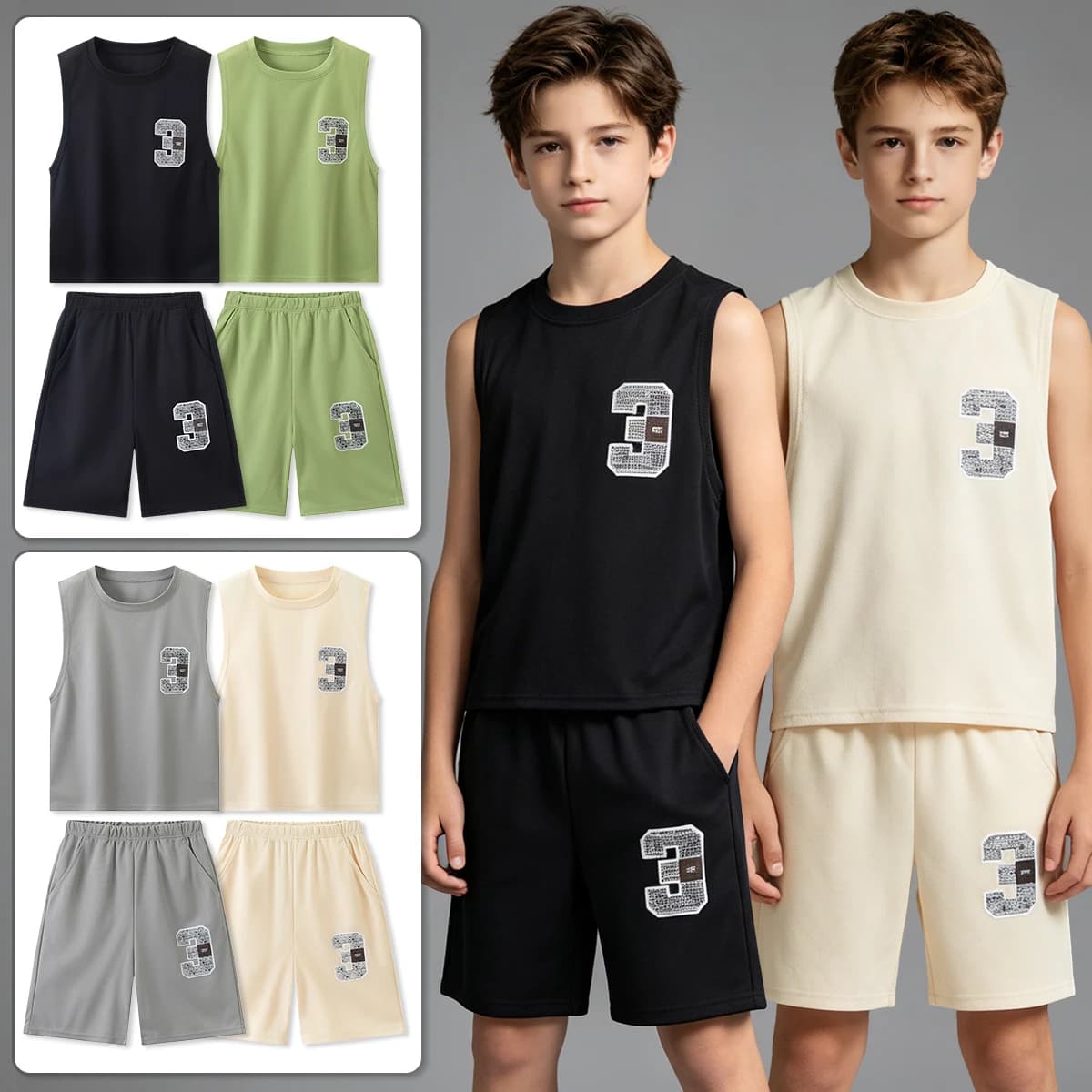 2-Piece Summer Boys' Fashionable Casual Sports Letter Print Set, Children's Round Neck Comfortable Vest Pocket Loose Shorts