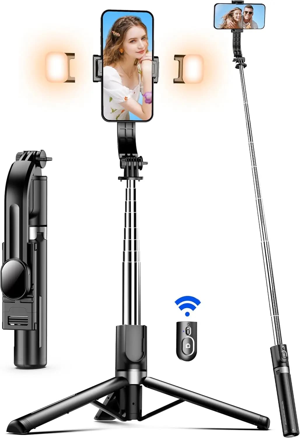 Treppiede per selfie da 45 pollici con 2 luci dimmerabili, treppiede estensibile per telefono per iPhone e Android