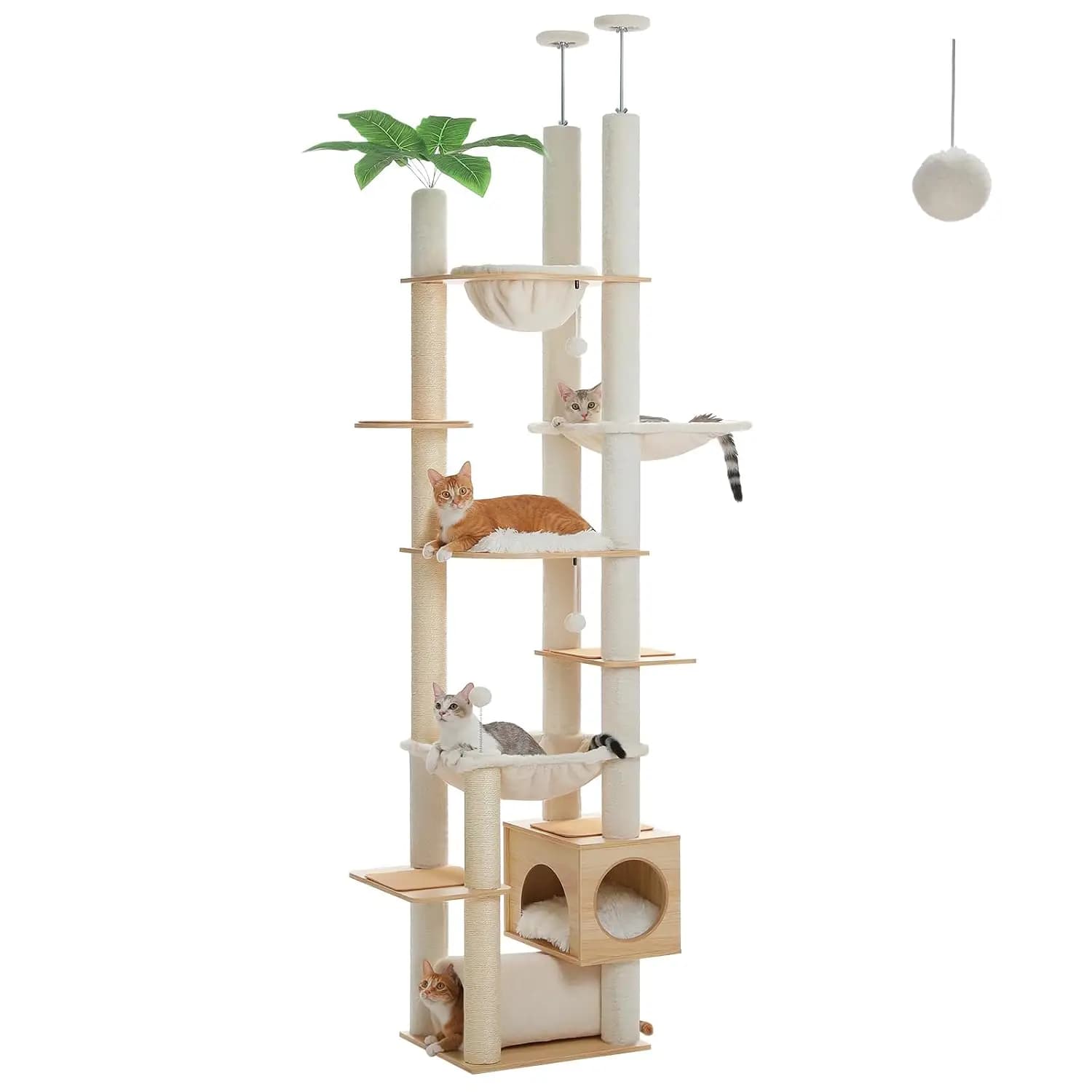 Wooden Cat Tree 93-101" Tri-Column Ceiling Posts Wall Straps 7 Levels Condo Hammock 6 Sisal Posts Perches Adult Cats, Customized