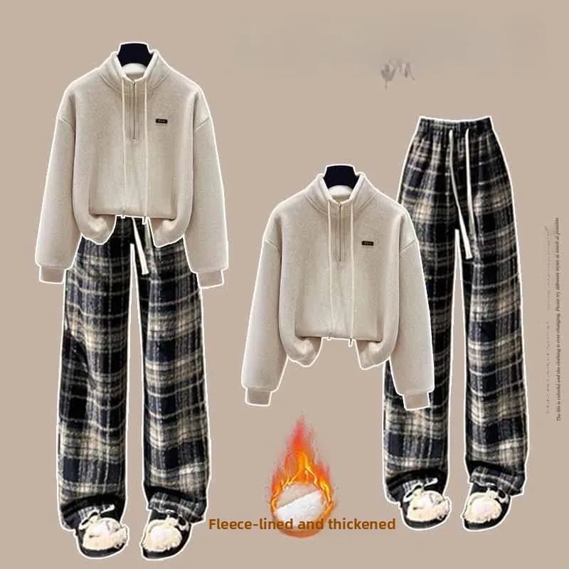 Thickened Fleece Hoodie Zipper Collar Autumn Winter Plaid Pants Two-Piece Set Casual Outfit Women's College Style Clothing