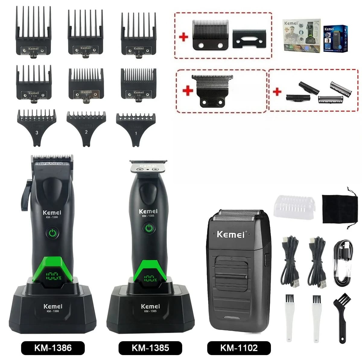 Kemei Hair Clippers Men Professional Kit DLC Blade 7500RPM DCMotor with Dock Barber Machine Hair Trimmer Machine KM-1386 KM-1385