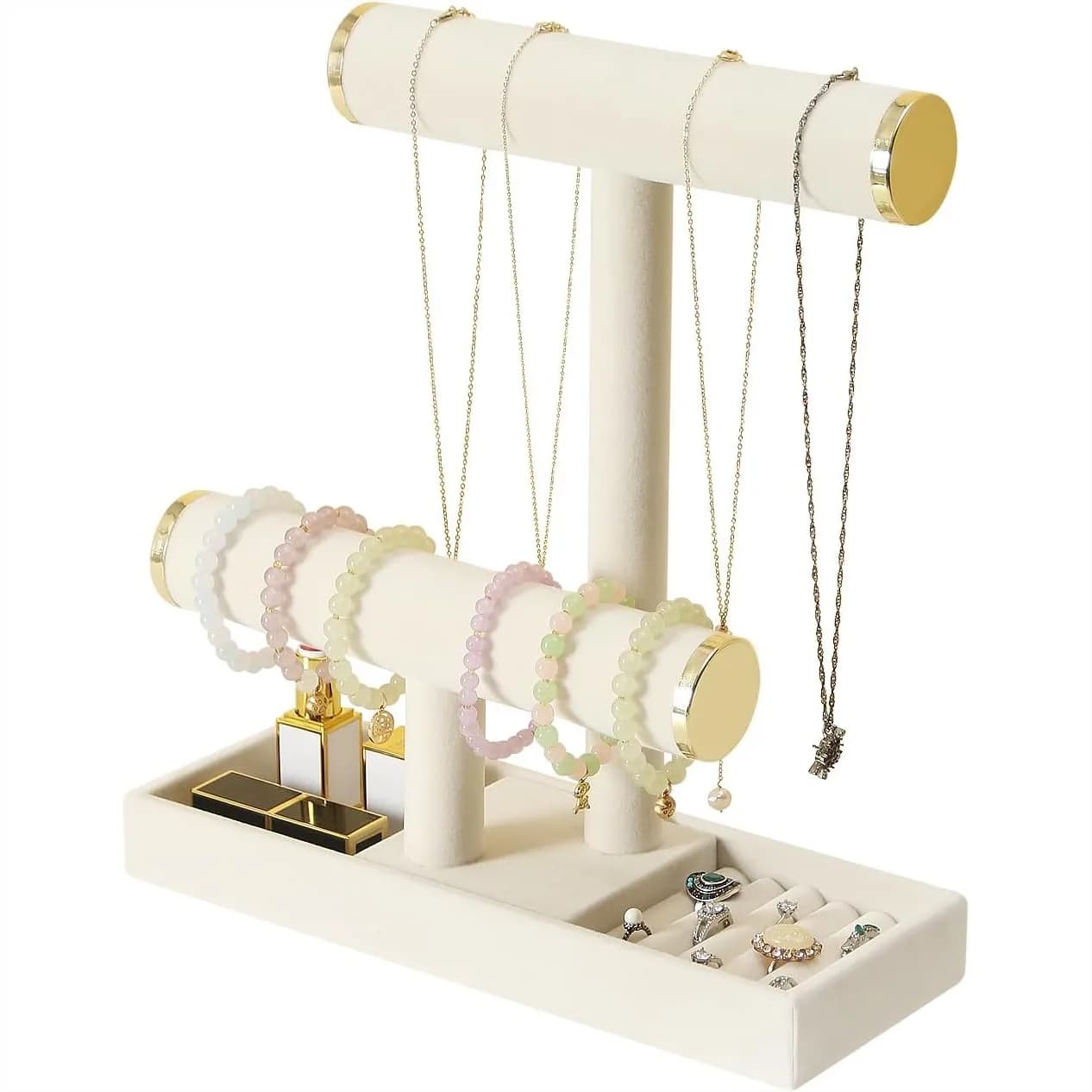 Espositore per Gioielli a 2 Livelli, Organizzatore per Collane e Bracciali con Vassoio per Braccialetti, Elastici per Capelli, Orologi e Catene, Beige