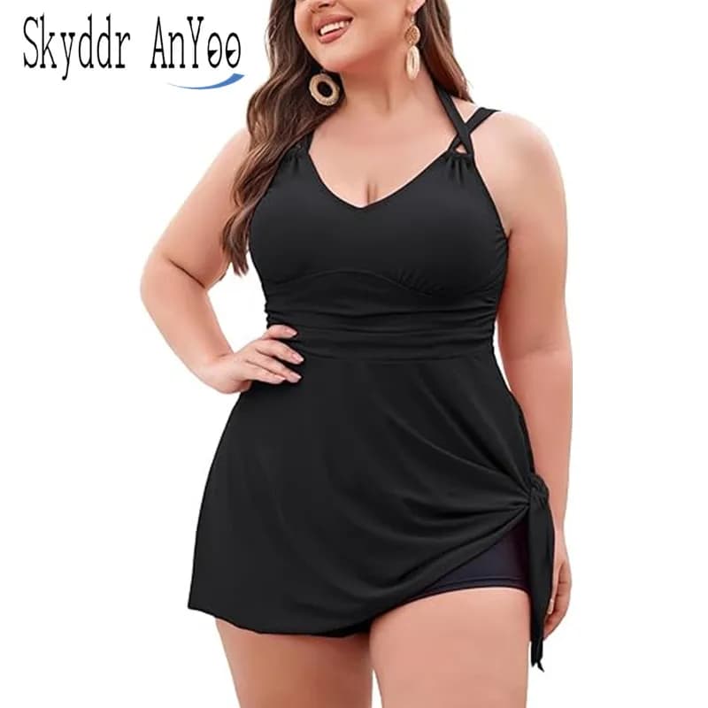 Women's Plus Size Swimsuit Two Piece Black Tankini Swimwear with V-neck Floral Halter with asymmetrical edge and skirt with bath shorts