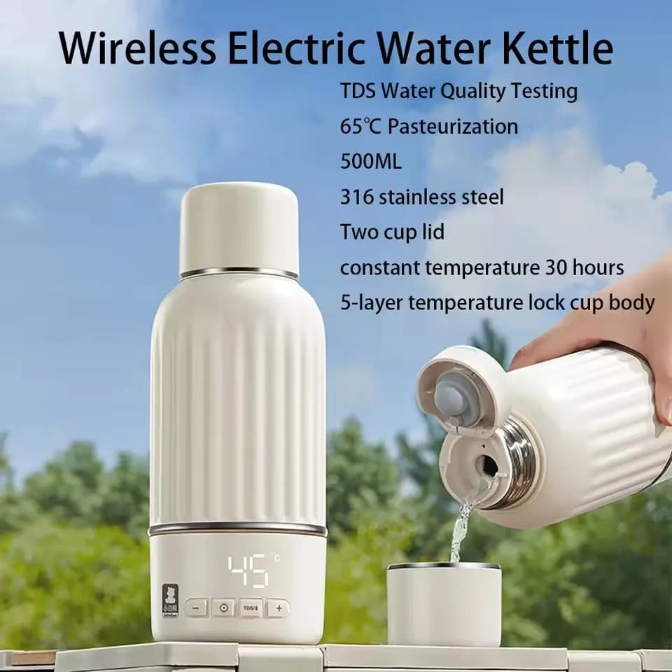 500ML 65 °C Pasteurization Wireless Electric Kettle USB Charge Bouncy Cup Cover 30 hours Constant Temperature TDS Water Quality Test