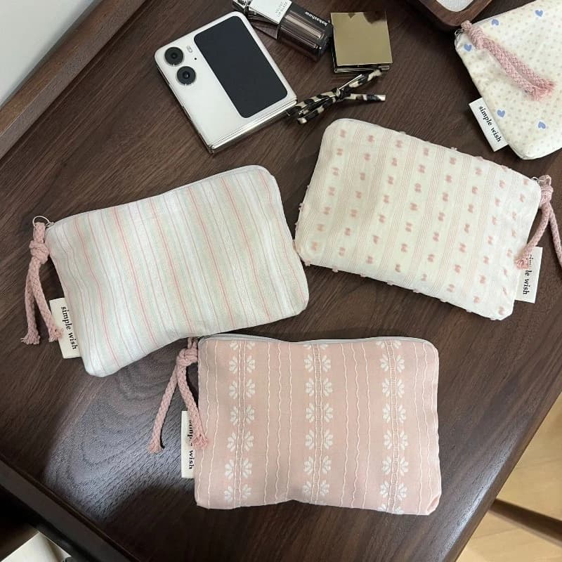 Portamonete in cotone rosa a righe e pois con cerniera, porta carte, porta salviette igieniche, porta rossetto, porta auricolari, borsa in tessuto, portafoglio