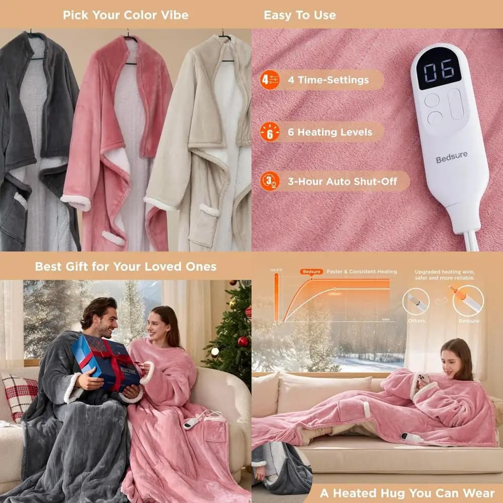 Coperta Sherpa riscaldata con tasca per i piedi, coperta elettrica per dormire per adulti, regalo scaldino invernale, spegnimento automatico, 50x71+18, Pi