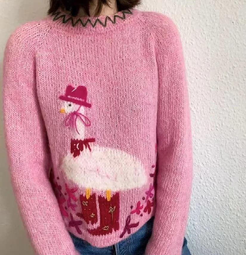 Mr Duck-Women's Mixed Color Sweater, Round Neck Pullover, Long Sleeve, Soft, Pink, Luxury, Foreign, Autumn, New, 2024
