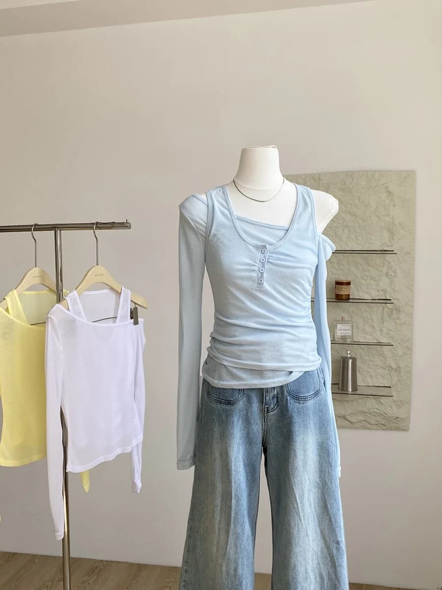 Spring 2025 Shoulder Bared Long Sleeve Women's T-shirt Fashion Inner Wear Vest Design Sensation Style Two Piece Set