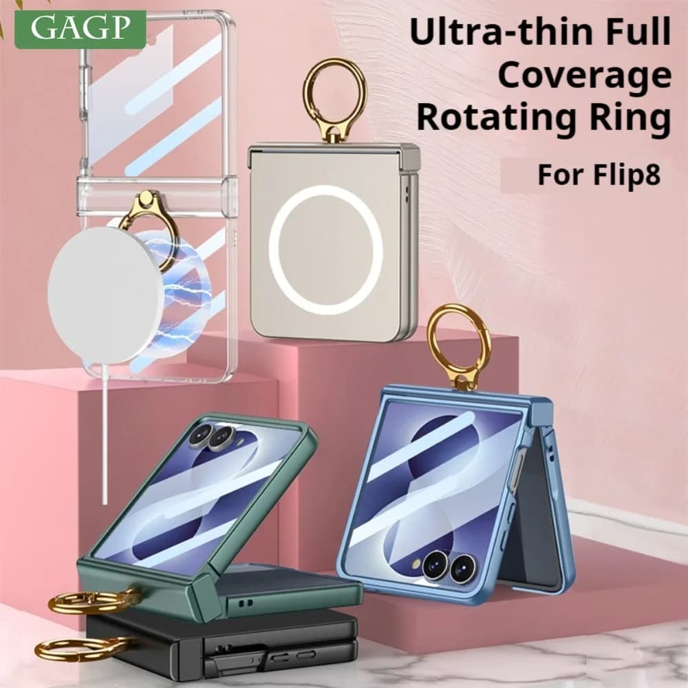 Luxury Metal Rotary Ring Holder for Magsafe Case for Samsung Galaxy Z Flip 8 Flip8 Hinge Solid Color Screen Protector Slim Cover