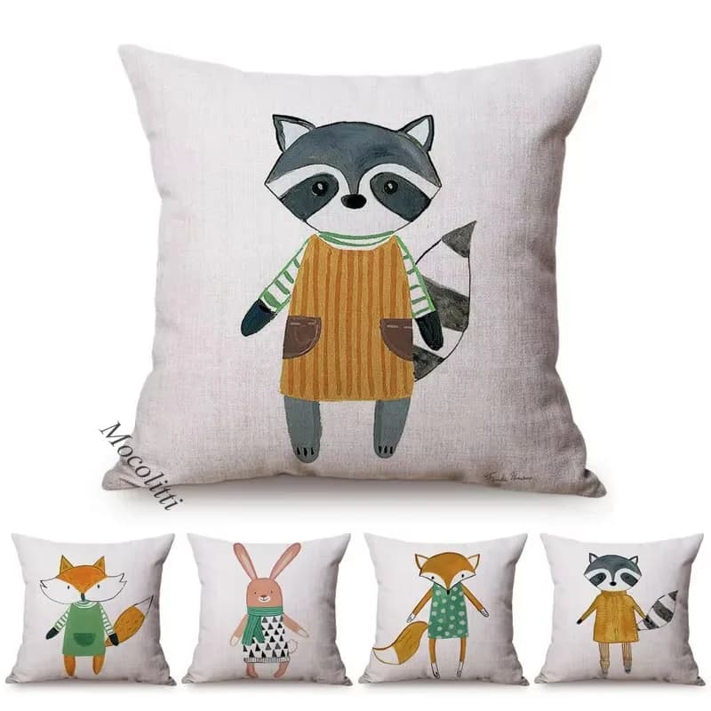 Cartoon Animal Square Sofa Cushion Cover Lovely Bunny Fox Bear Owl Pastel Painting Decoration Room Bed Pillowcase cojines