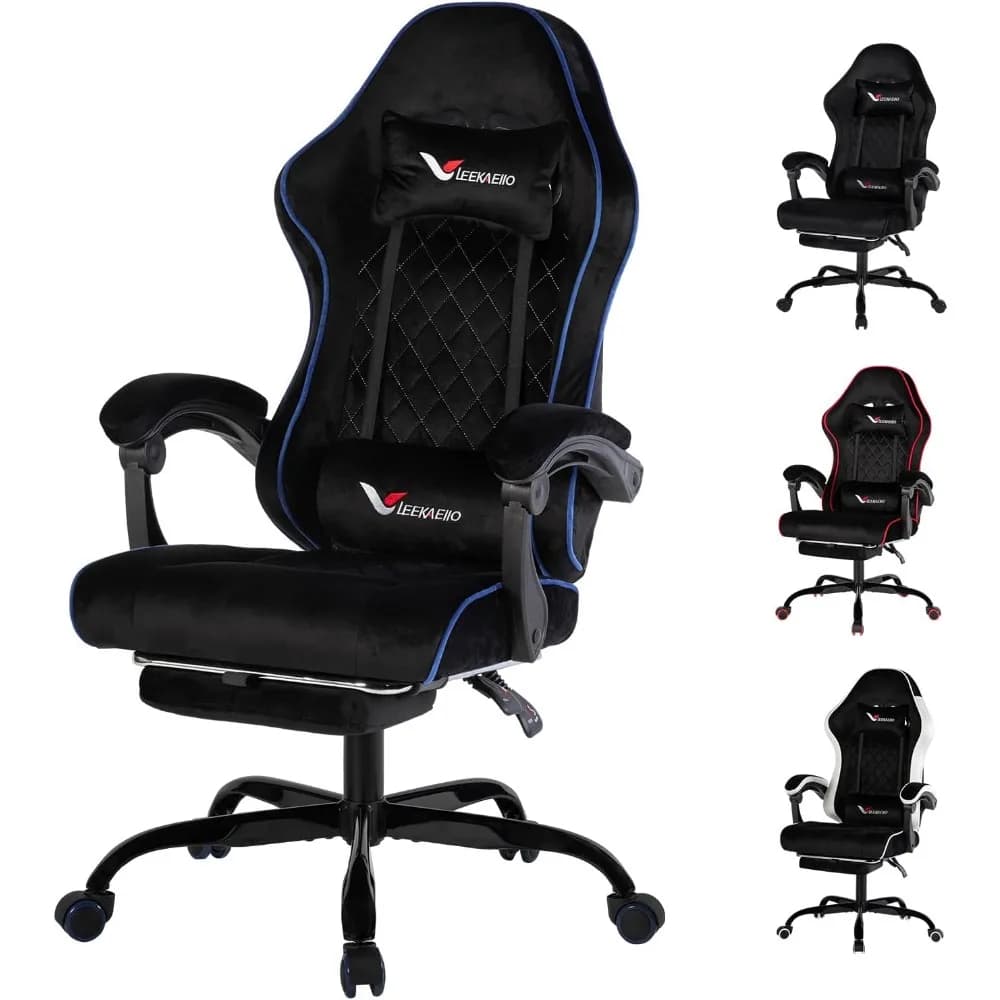 Sedia da Gaming per Adulti in Velluto con Cuscino a Molle Insacchettate, Poggiapiedi Estensibile, Reclinabile Girevole, Supporto Lombare Ergonomico