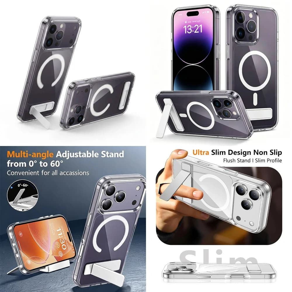 Clear Magnetic Case with Metal Kickstand Shockproof Ultra Thin Custom Logo for iPhone 17 16 15 14 13 12 11 Pro Max Plus mini