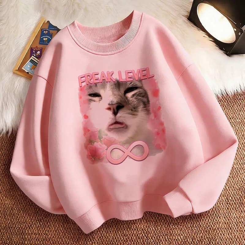 Felpa Morbida per Bambini con Stampa Grafica di Gatto Kawaii Divertente, Pullover Primaverile con Collo Tondo per Ragazzi e Ragazze