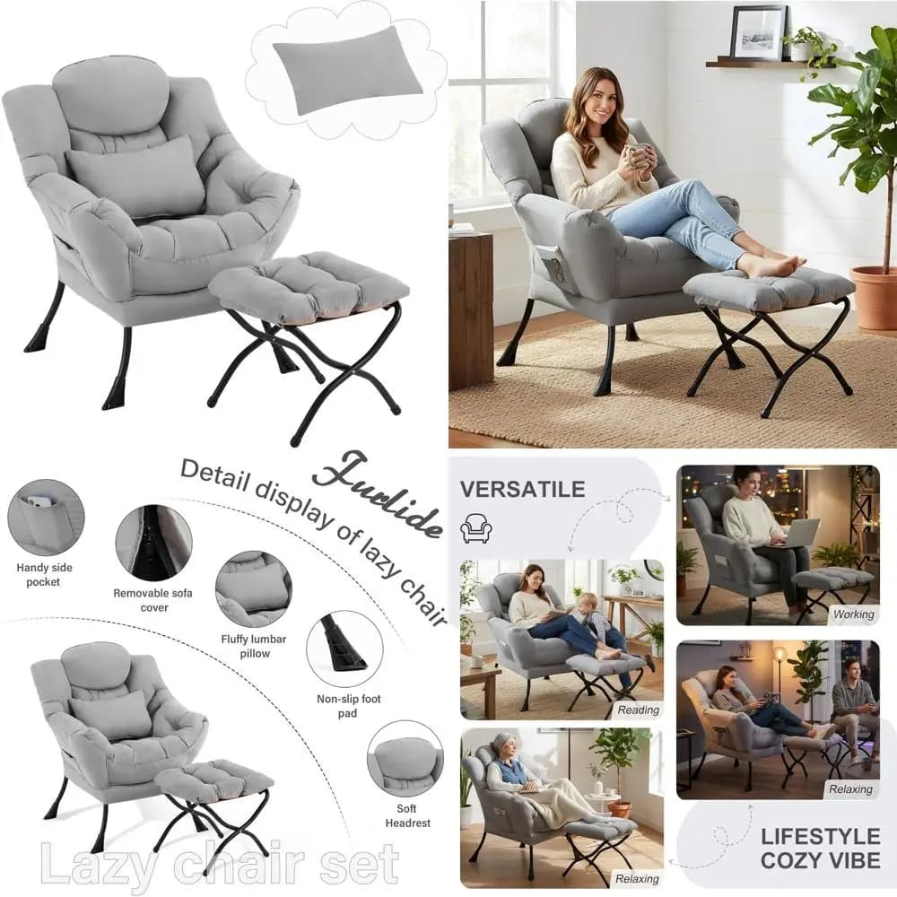 Sedia relax contemporanea con cuscino ottomano e di supporto lombare, ideale per una lettura accogliente e poggiapiedi pieghevole nelle camere da letto