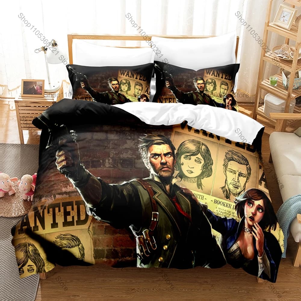Muted Pastel Floating Air Town Industrial Gun Warrior 3Pcs Bedding Set Duvet Cover Pillowcases Gritty Retro Sci-Fi Home Textile