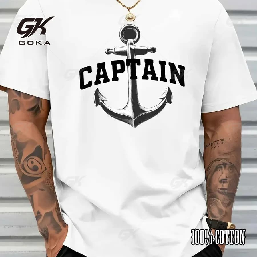 Men's Captain Anchor Graphic T-Shirt Nautical Sailing Boat Print Tee Casual Short Sleeve Yellow Hipster Round Short Sleeved Tops