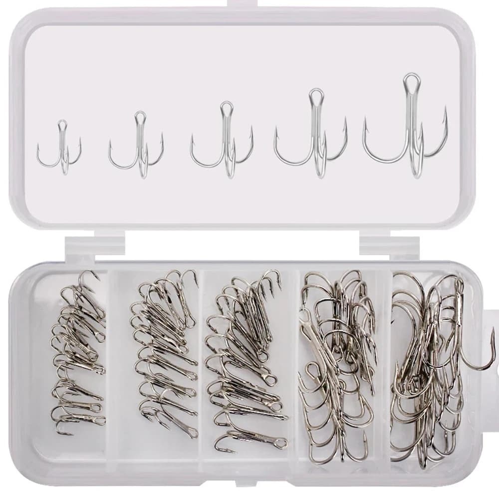 Lake River Fishing Tackle Storage Box High Carbon Steel Silver 2/4/6/8/10 Fishhooks Barbed Fishhook Treble Fishing Hook