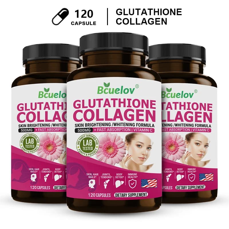 Integratore di L-Glutatione 500mg con Collagene e Vitamina C, Antiossidante per Schiarire la Pelle, Capelli, Unghie, Sistema Immunitario e Salute Cerebrale