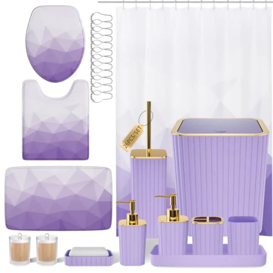 Set di Accessori per il Bagno 26 Pezzi, Tenda Doccia e Set Tappeti Viola con Cestino, Spazzola WC, Porta Q-tip, Dispenser Sapone per il Bagno