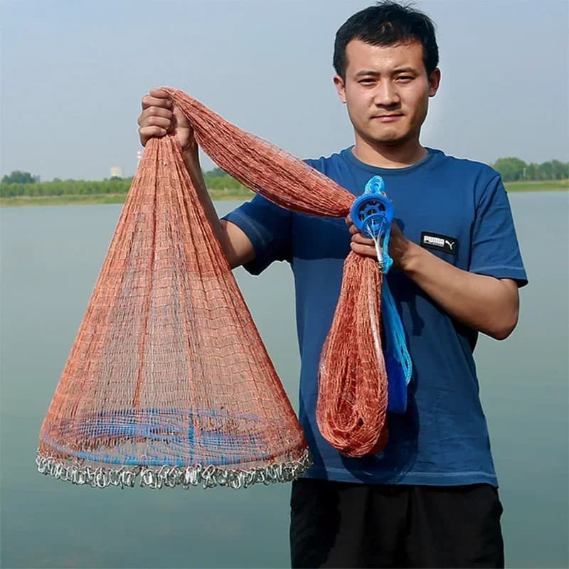 Rete da pesca Lawaia a mano con anello blu, rete da lancio, cavo intrecciato multifilo, catena in ghisa, pendente a rete