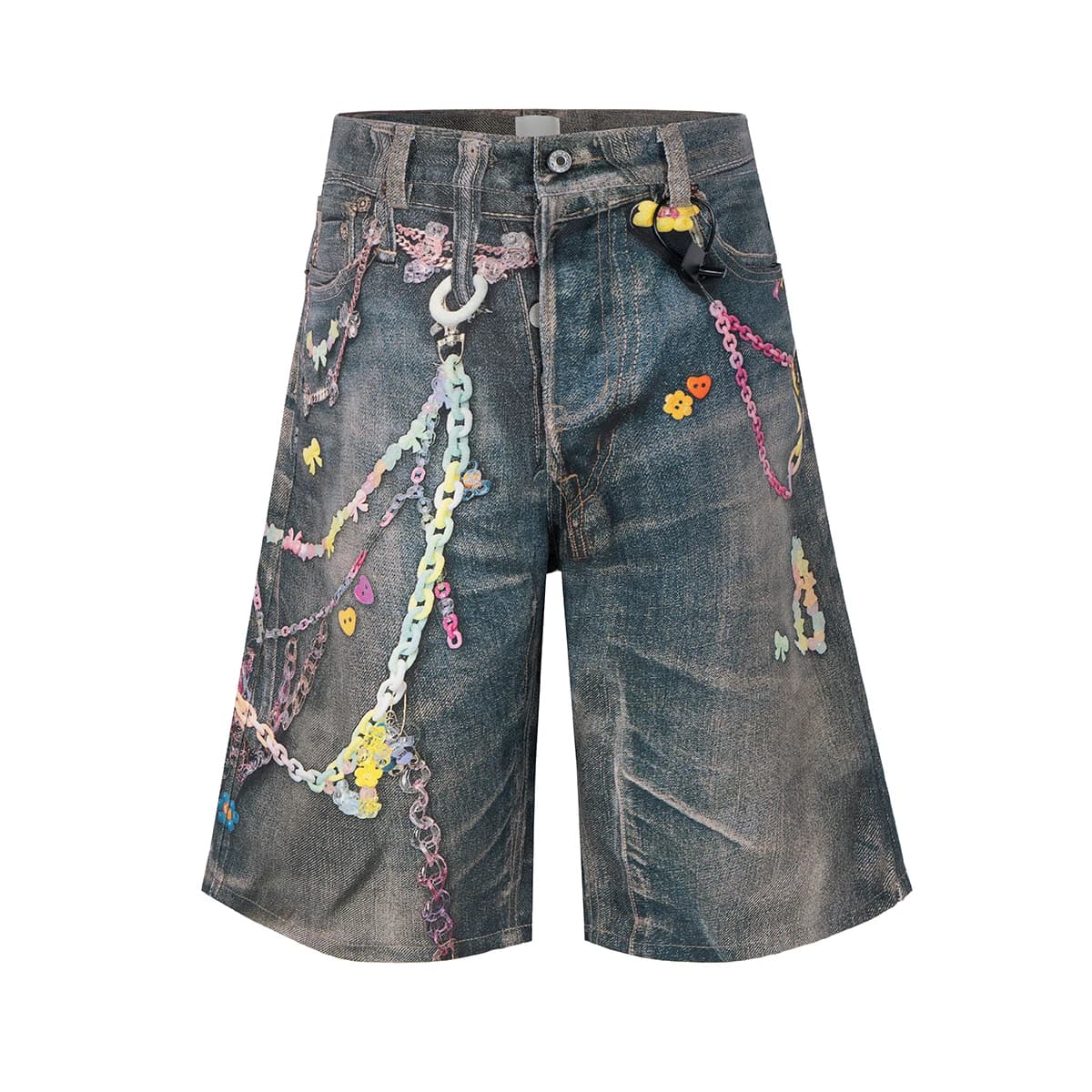 Pantaloncini jeans larghi con stampa a catena di caramelle 3D per uomo Streetwear Pantaloni estivi a gamba larga patchwork casual larghi al ginocchio oversize