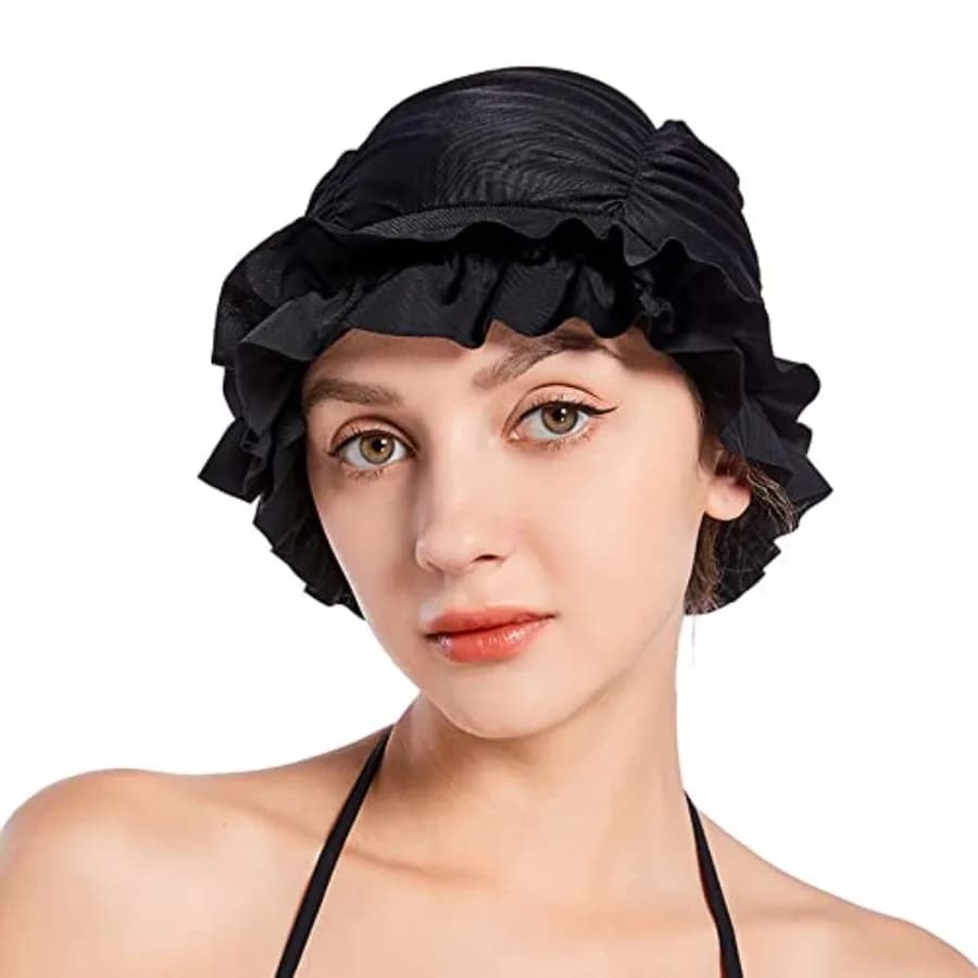 Women Swim Bathing Cap Vintage Elastic Swim Turban Retro Ruffles Swimming Hat Pool Party Ruffles Beanie Cap Non-Waterproof