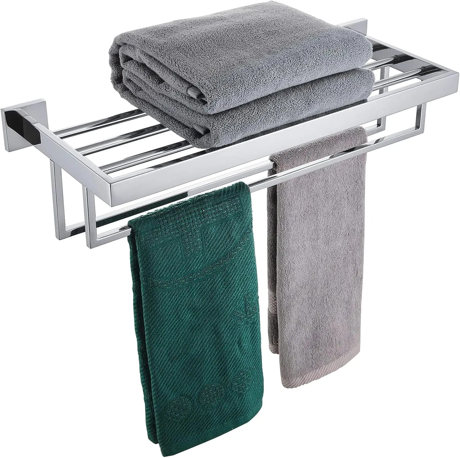 Mensola Portasciugamani Cromata da 24'' con Due Barre, in Acciaio Inox SUS304, Montaggio a Parete, Finitura Lucida