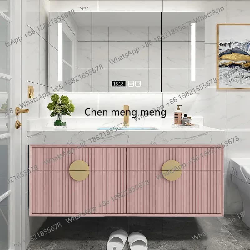 F150 Pink Nordic Slate Smart Mirror Bathroom Cabinet Combination Modern Simple, Hand Washbasin Hanging Cabinet