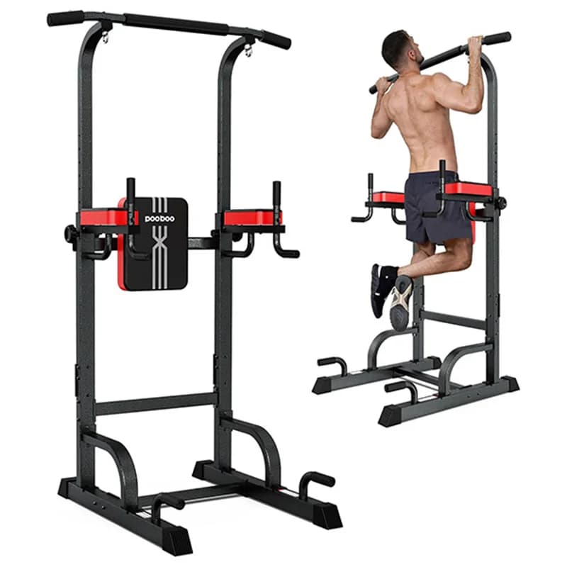 Pooboo Power Tower Dip Station Pull Up Bar for Fitness Home Gym Workout,Multi-Function Adjustable Height Fitness Strength Training Exercise Equipment,with Power Elastic Ropes