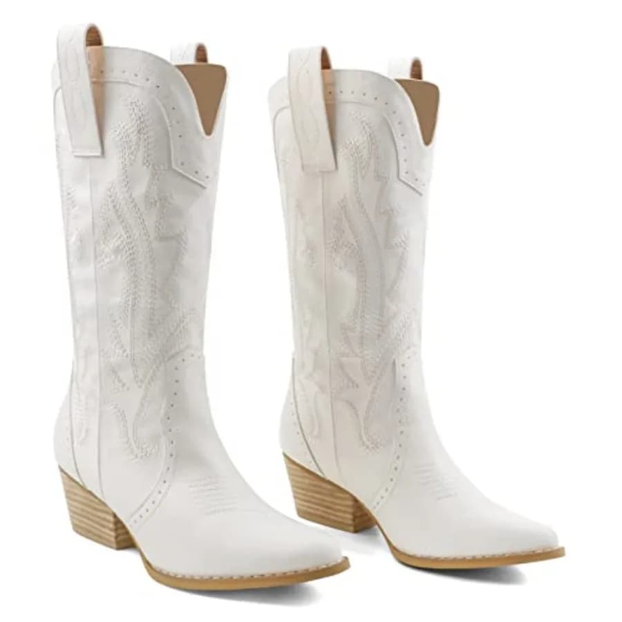 Zzheels Women Mid-calf Cowboy Boots Pointy Toe Boot Embroide Western Cowgirl Boots Chunky Heels