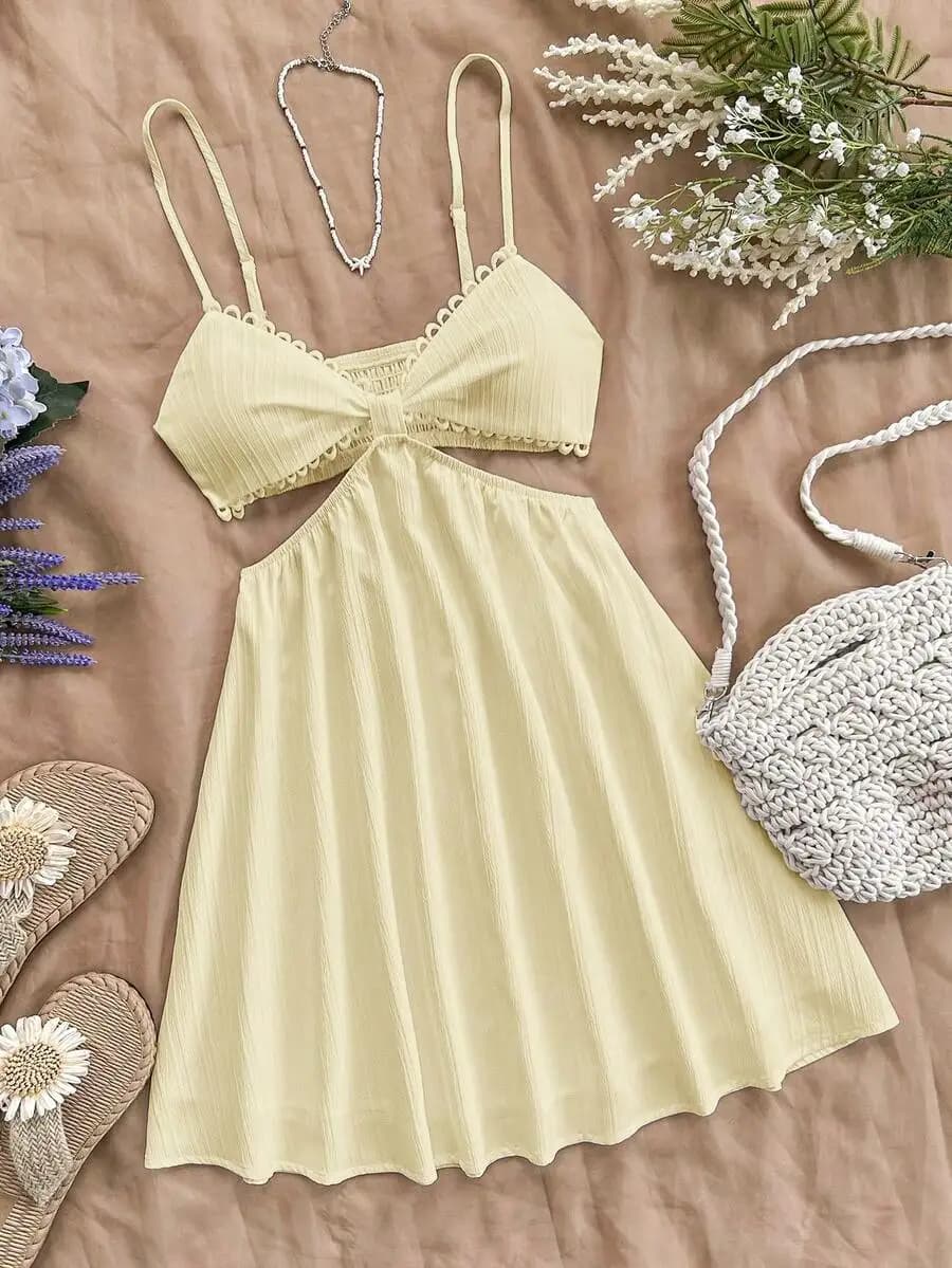 Women's Vacation White Waist Hollow V-Neck Spaghetti Strap Summer Dress,Summer Dresses For Women,Pastel Dresses For Women