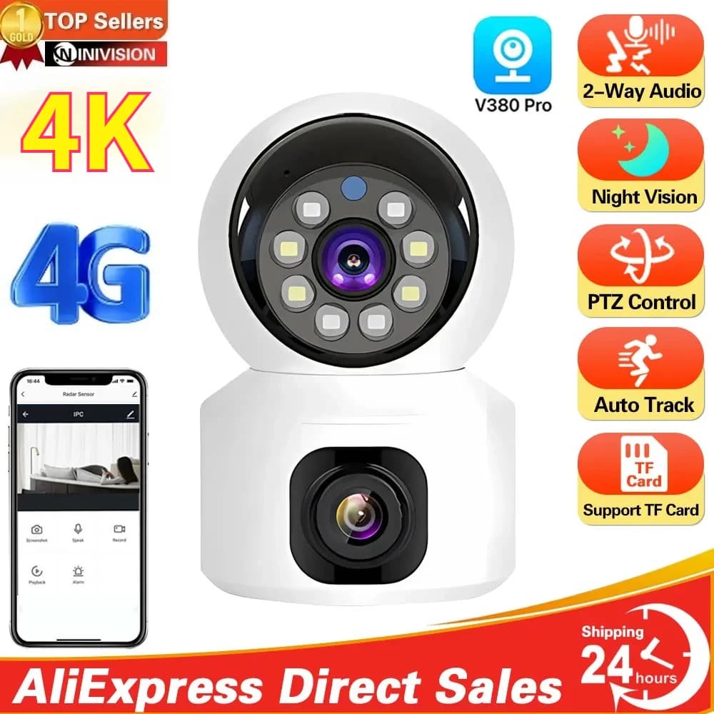 Telecamera IP 4G Wireless con Doppia Lente, Visione Notturna, Monitor per Bambini, Rilevamento Umano, Comunicazione Bidirezionale, Videocamera CCTV per Sicurezza e Protezione