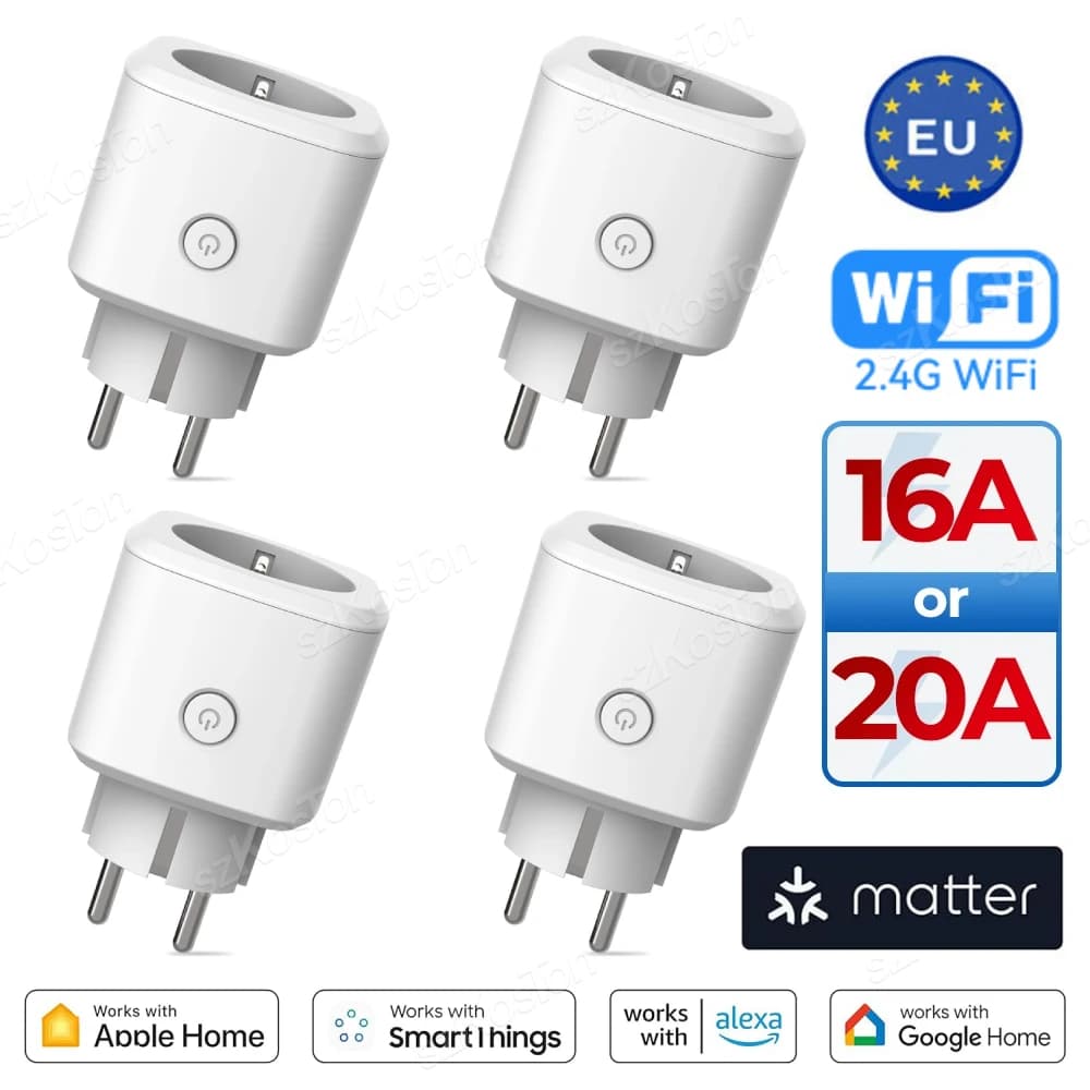 Matter WiFi Smart Socket 16A/20A EU Smart Plug Household Plug Extension for HomeKit SmartThing Works with Alexa Google