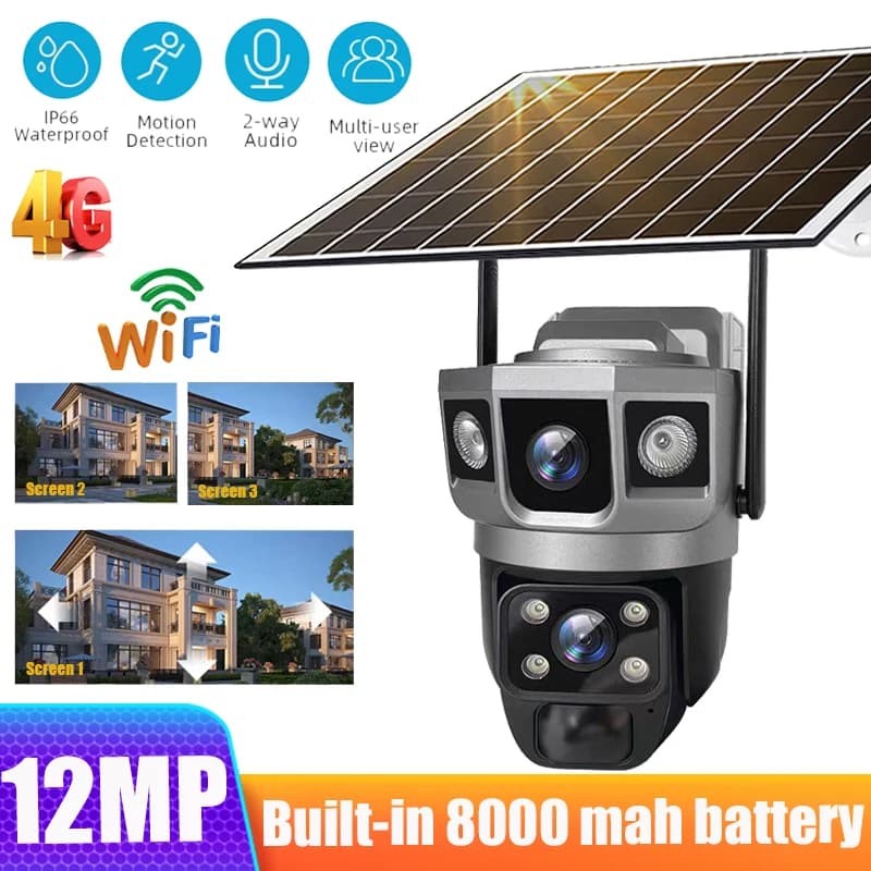 12MP Dual Lens Solar IP Camera Three Screens 4G 6K Outdoor Security WiFi Webcam PIR Night Vision Waterproof Home Surveillance Camera