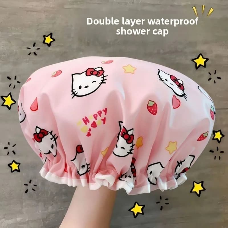 Double-Layer Waterproof Shower Cap Cat Thickened Bath Cap with Elastic Band Reusable Hair Protection for Bathing and Kitchen