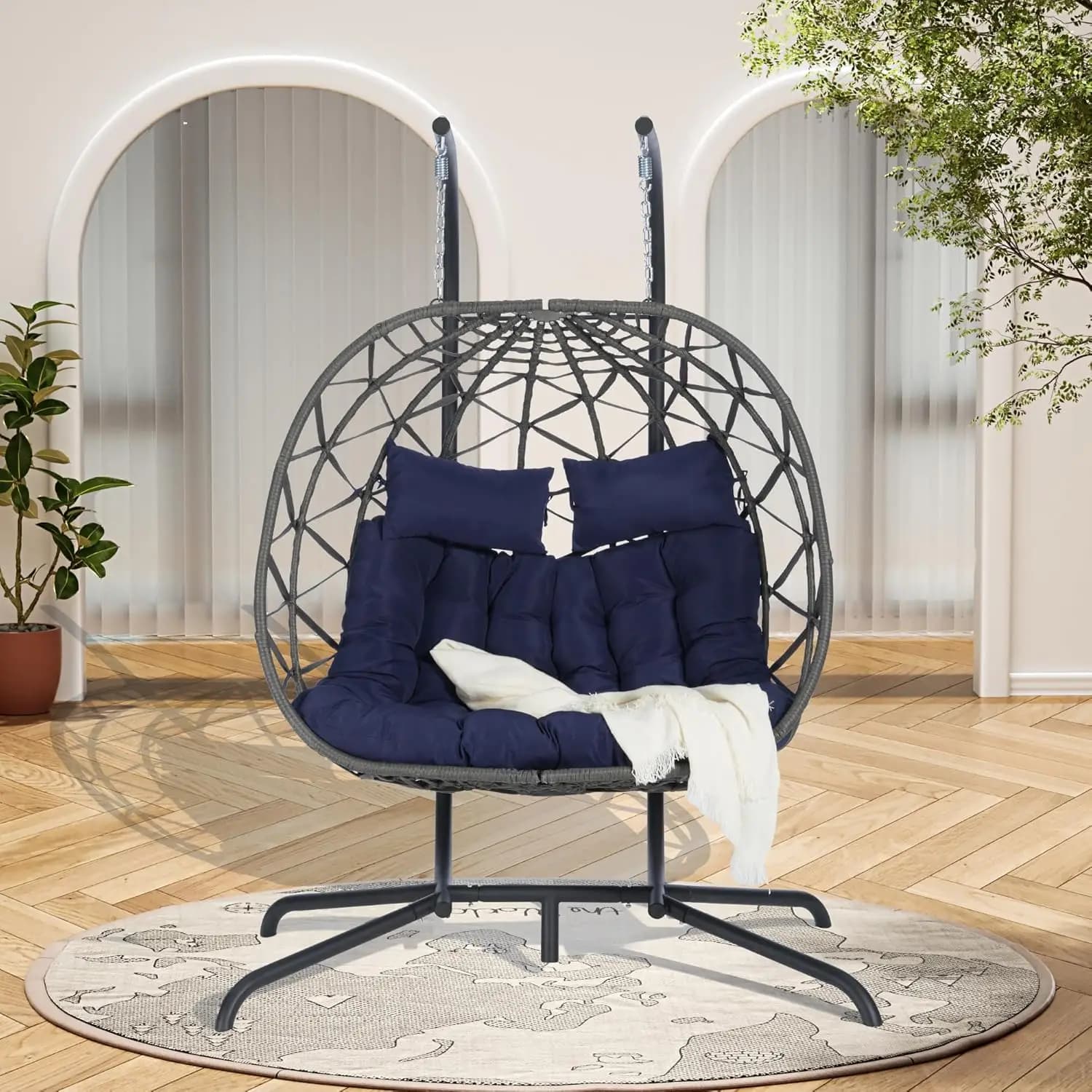 Double Egg Chair with Stand Outdoor Hanging Egg Swing Chair,Wicker Rattan Egg Chair Indoor Loveseat Chair with Cushion 500 lbs C