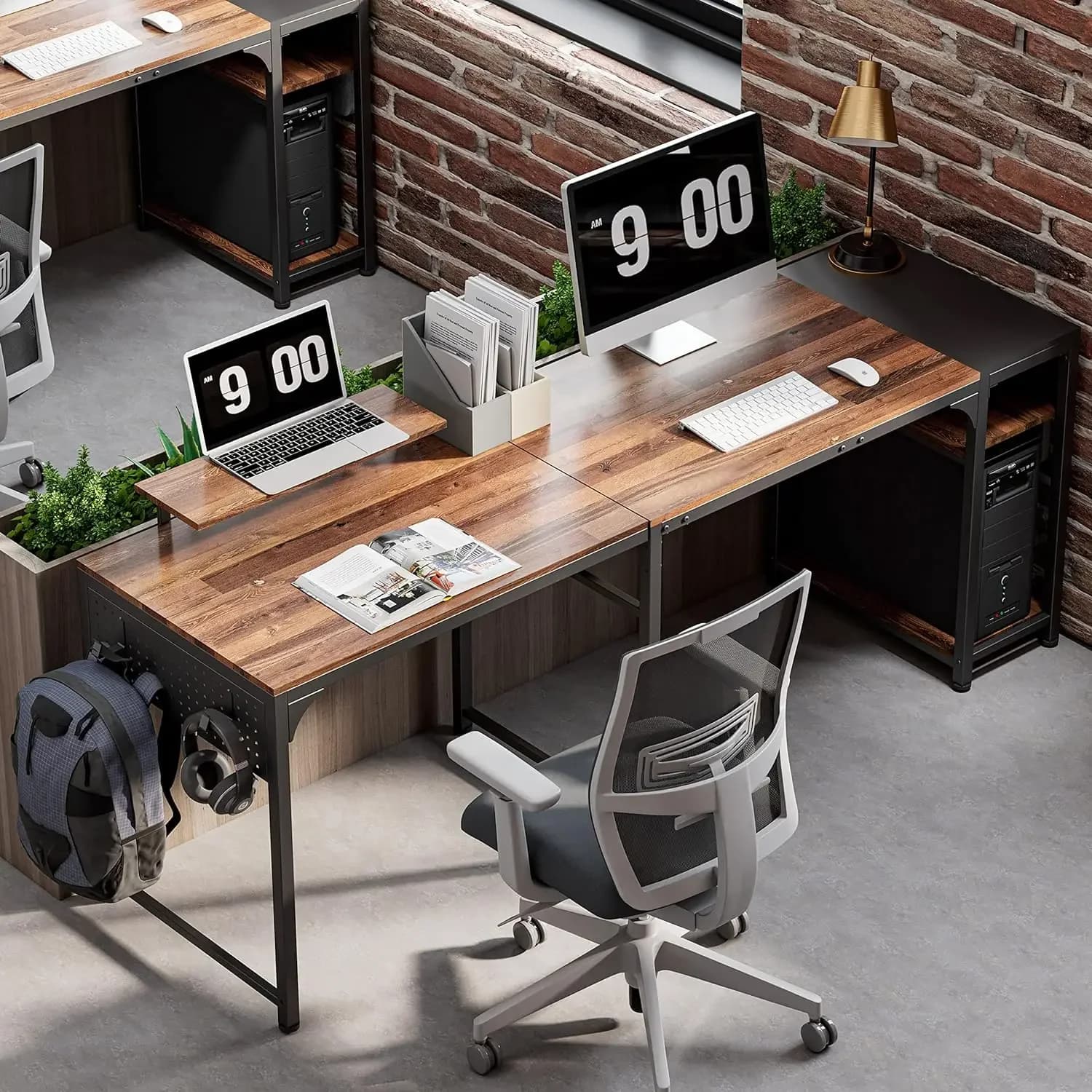 A double-sided L-shaped desk with monitor stand 58 inch angular desk for study computer with home office holders