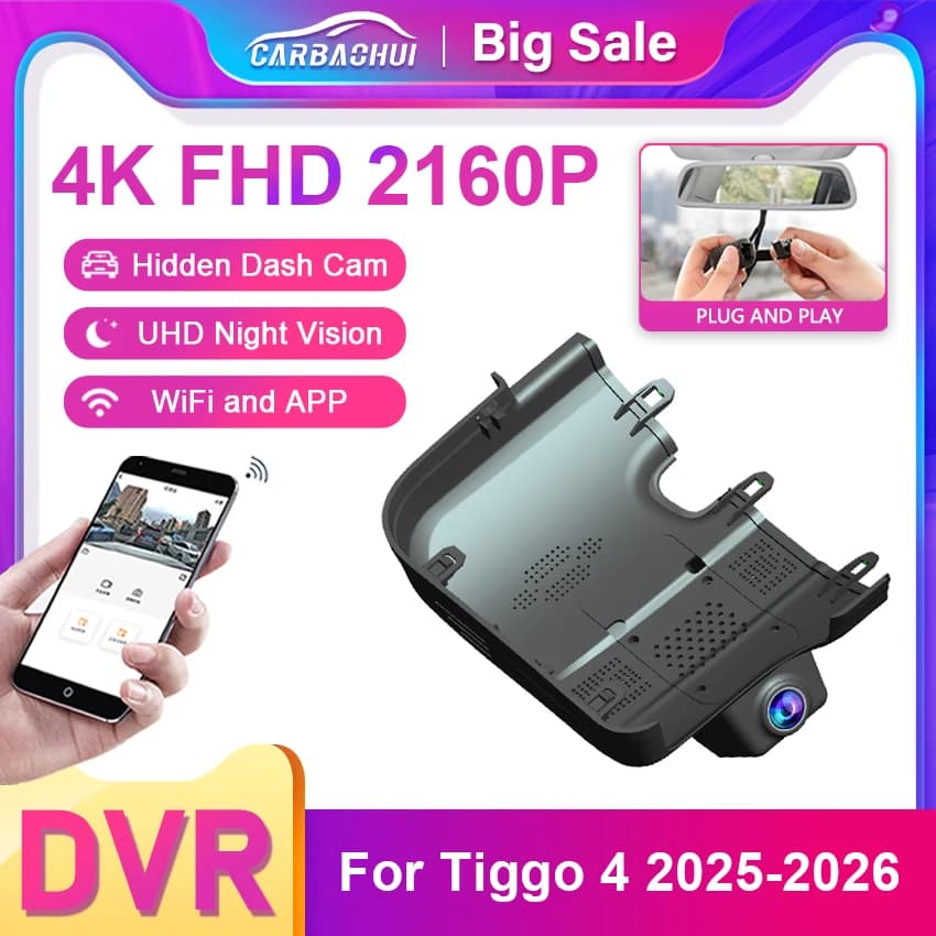 For Chery Tiggo 4 Tiggo 7 Ultimate 2024-2026, 4K Dash Cam Front and Rear Car DVR Camera Plug and Play Wifi Video Recorder