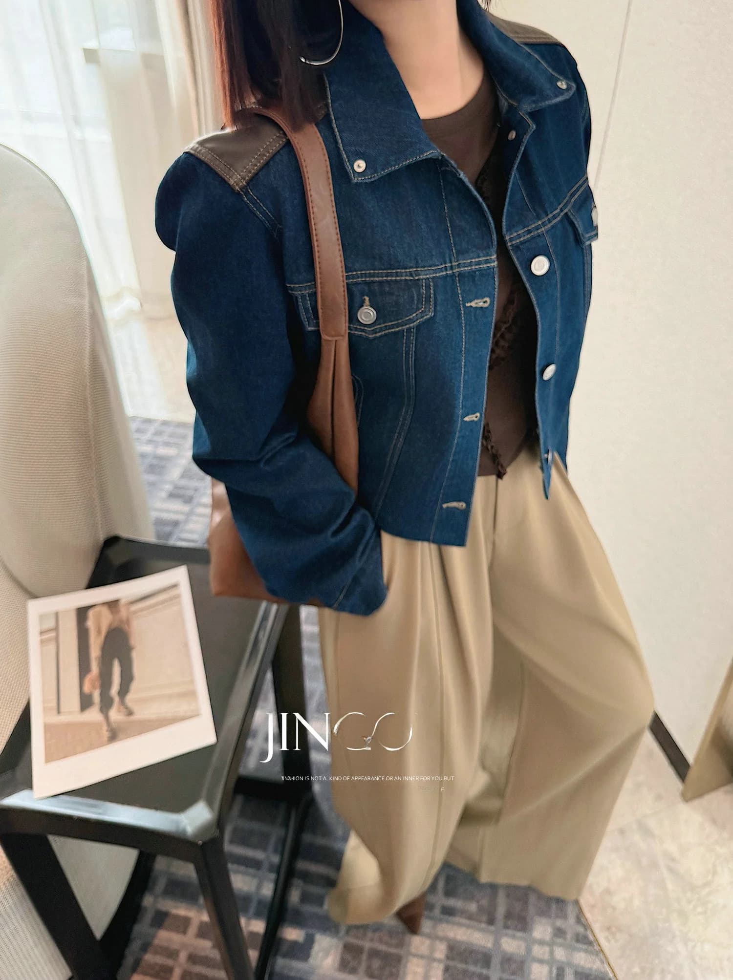 JINGONI Short Denim Jacket Women's Casual Loose Slimming Fashion Korean Style Straight Tube Polyester Fiber Long Sleeve Button
