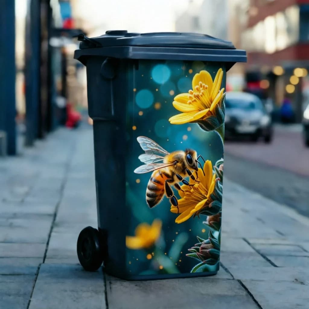 【2D Flat Printing】1pc Rustic Bee & Yellow Flower Trash Can Sticker Self-Adhesive Fresh Natural Floral Decor