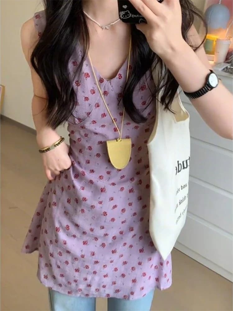 Abito Estivo da Donna Stile Vacanza, Viola con Scollo a V, Senza Maniche, Gonna Floreale a Vita Alta, Linea ad A