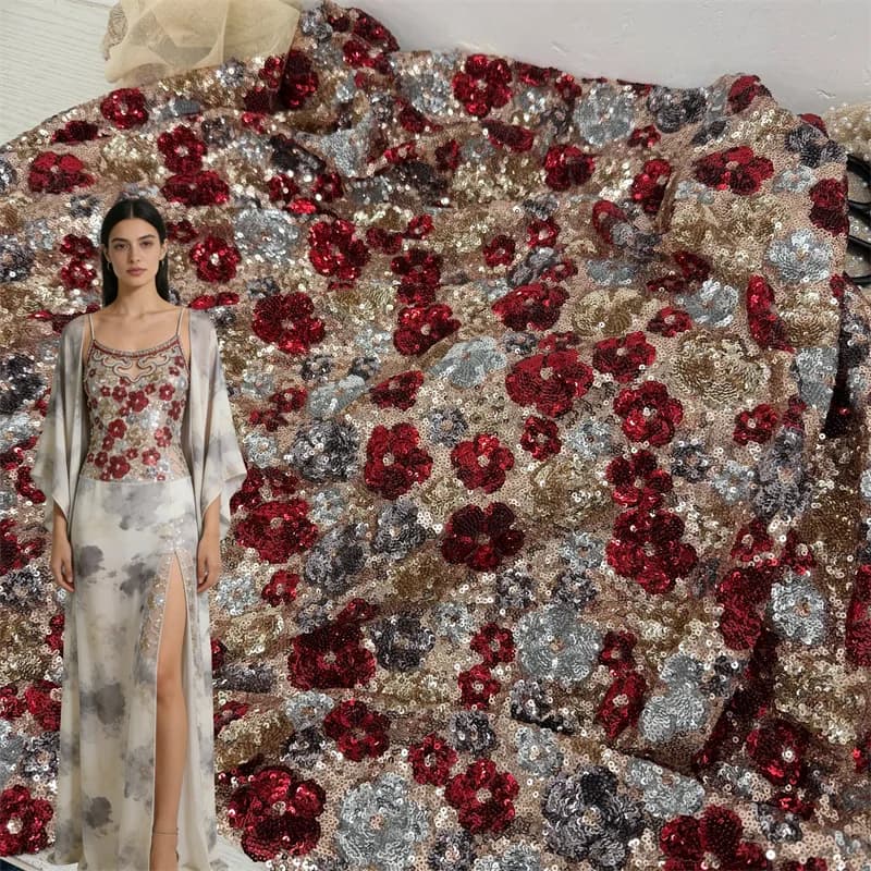 130cm Wide Hot Selling Plum Blossom Sequin Wedding Dress Fabric, Tulle Women's Dress & Performance Wear Sequin Fabric F015