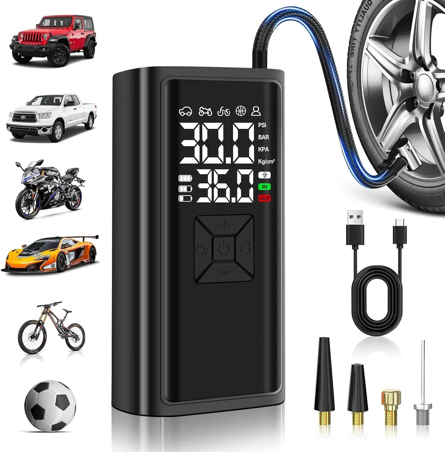 Gonfiatore portatile per pneumatici Pompa ad aria da 150 PSI con display digitale, luce LED senza fili, spegnimento automatico per auto, moto, bicicletta