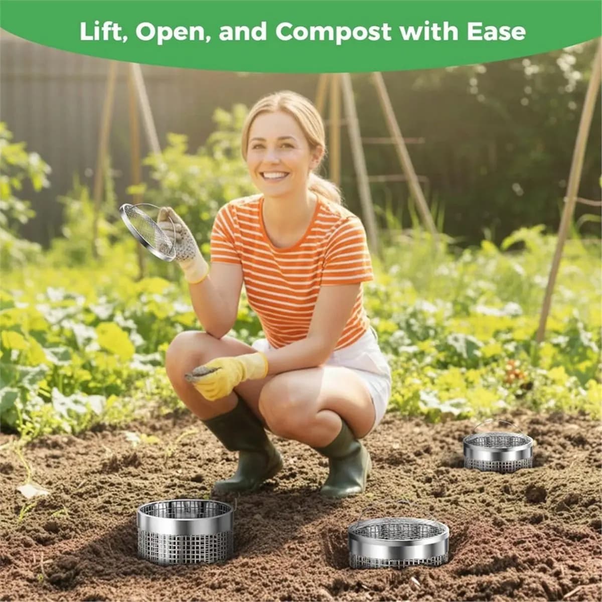 2 Pack Worm Composter Worm Bin, Stainless Steel Inground Compost Bin with Handle, Metal Worm Composting System