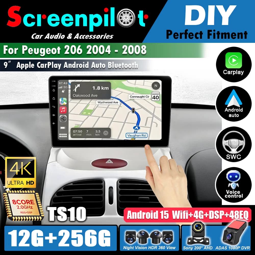 Android 16Car Radio For Peugeot 206 2004 - 2008 GPS Navigation Video Player Multimedia Carplay Auto Head Unit Stereo 5G WIFI