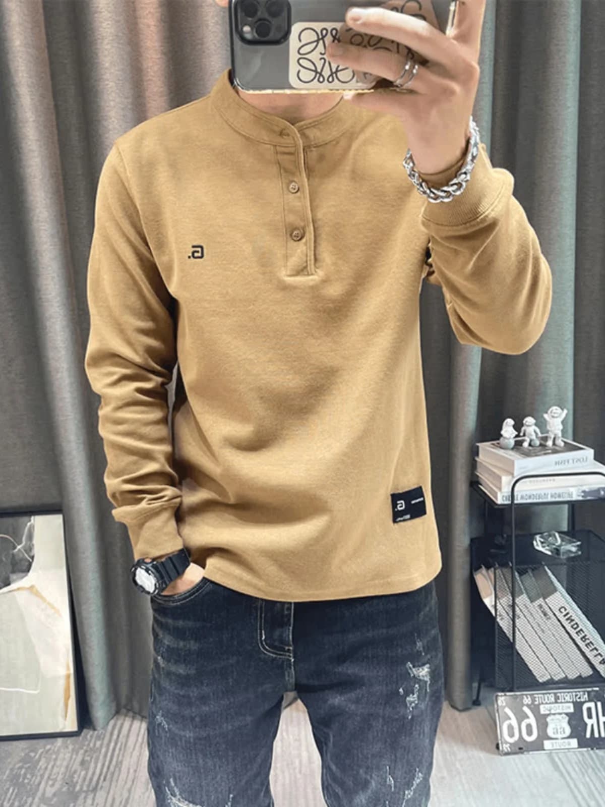 Elegant Long Sleeve Men's Shirt with Embroidery Slim Fit Cuff Shirt Half Buttoned Henry Style Sweatshirt Trendy T-Shirt