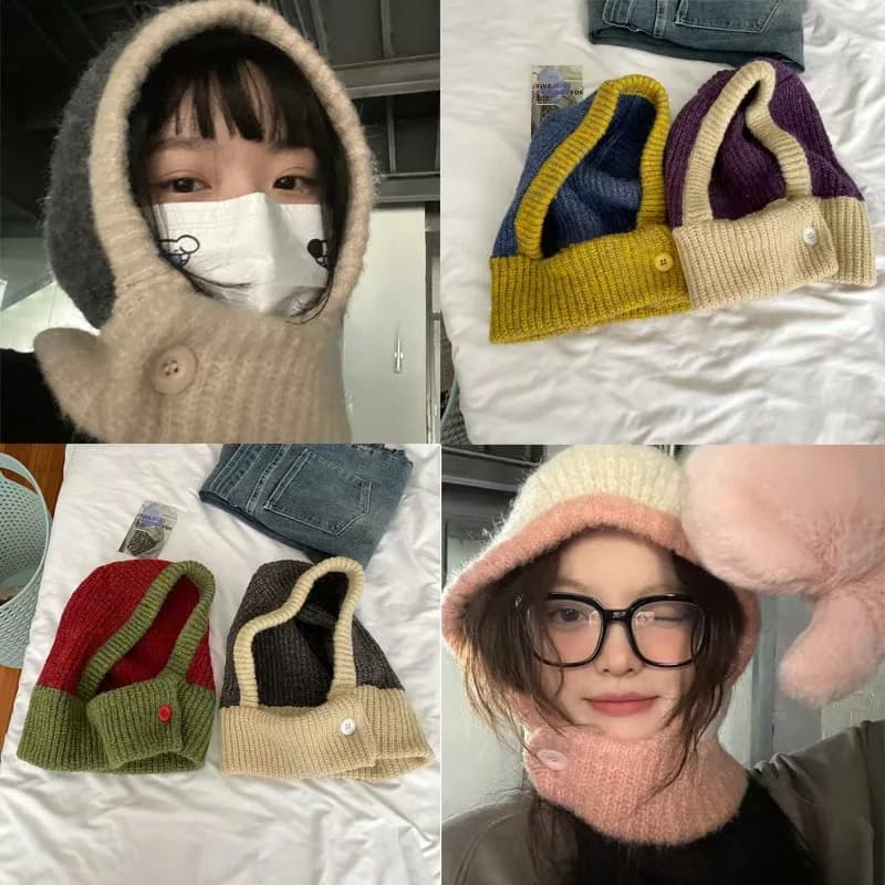 South Korean balaclava hat men's and women's knitted yarn hat, suitable for keeping the neck warm in autumn and winter