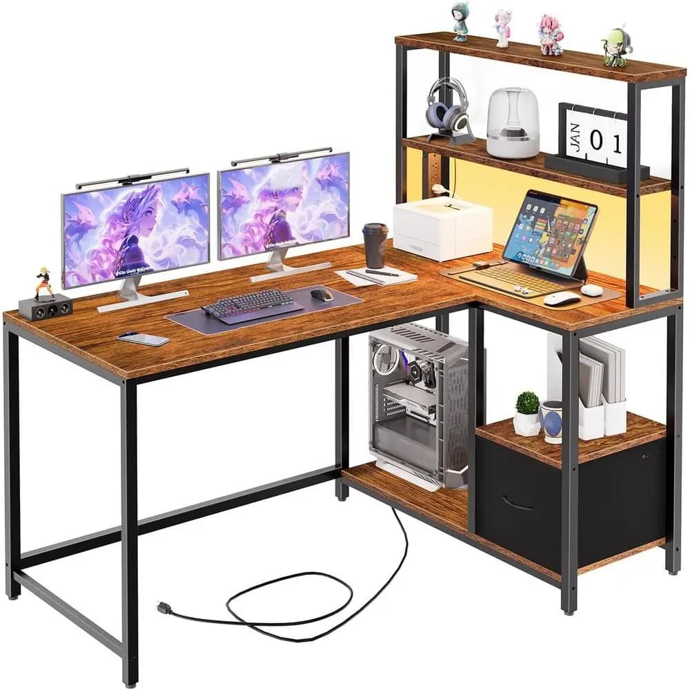 Scrivania da Gaming a L, 46 Pollici, Reversibile, con Luce LED e Presa di Corrente, Scrivania per Ufficio con Ripiani Portaoggetti e Der, or H
