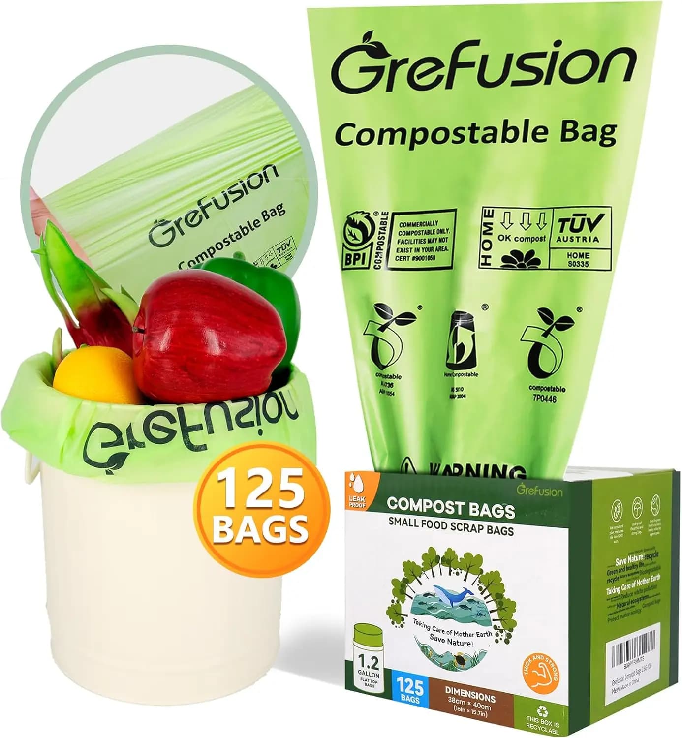 1.2 Gallon Compostable Bags 125 Count, BPI & OK Compost Certified, Fits Small Countertop Bins